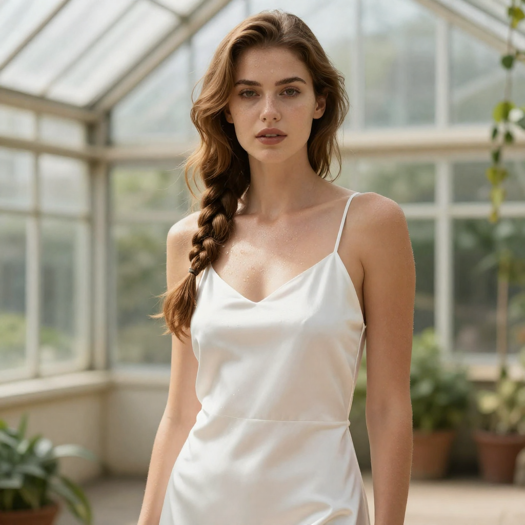 Editorial portrait of a fictional 28-year-old woman with long honey-brown hair in a loose side braid