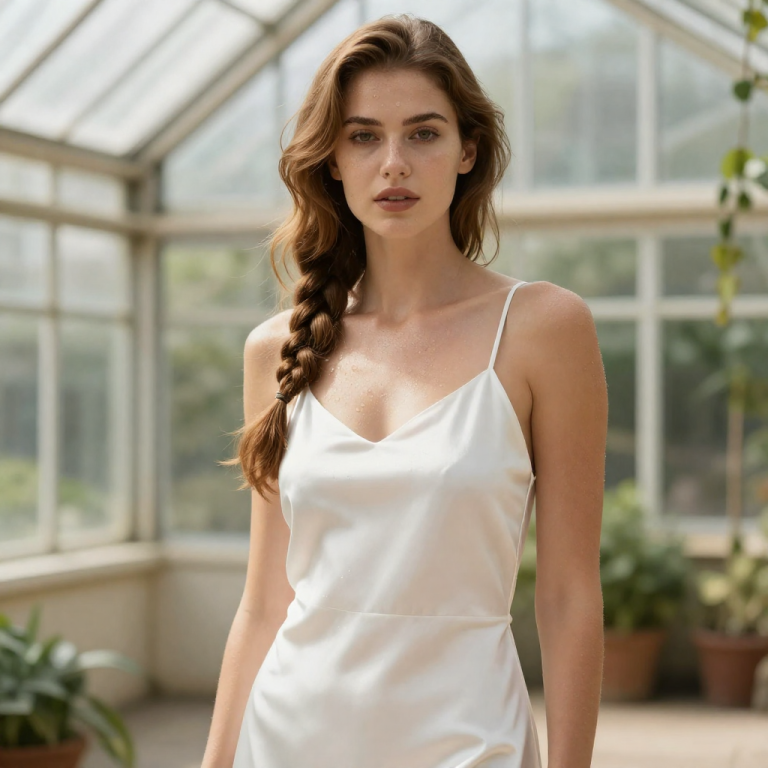 LuxBio editorial portrait: a fictional adult muse with honey-brown hair in a loose side braid, wearing a white silk dress in a bright sunlit glasshouse